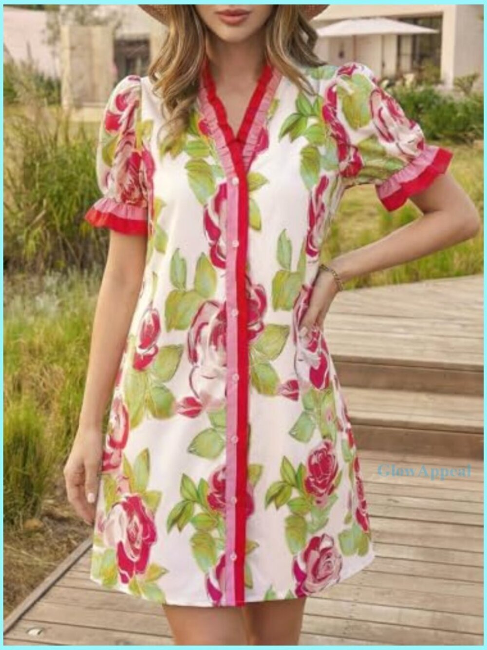 Floral Mini Dress with Puff Sleeves V-Neck Pockets Summer Casual - Picture 3 of 7